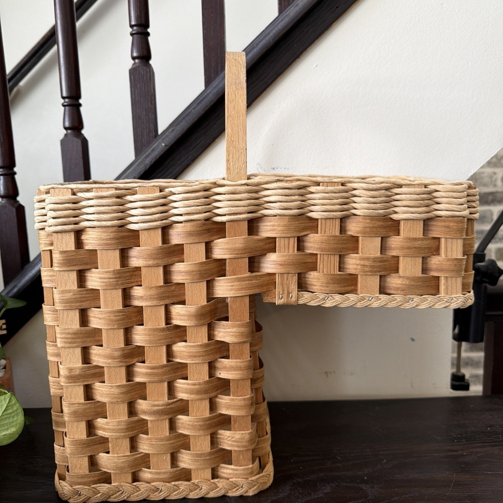 Vintage Handmade Stair Step Basket With Wooden Frame and Bottoms 17x17x8" Aprox